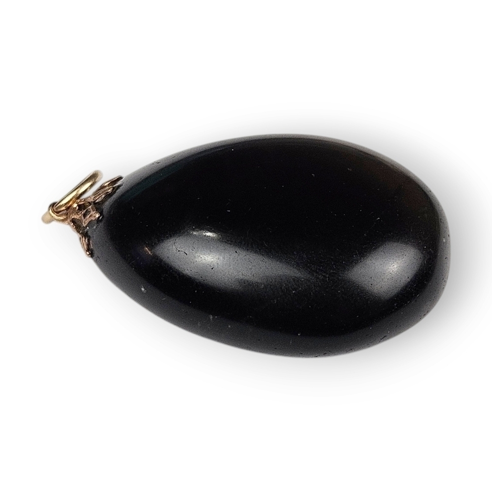 Vintage Black Glass Egg Shaped Necklace Pendant Oval Brass Filigree 2" Long - Picture 3 of 7